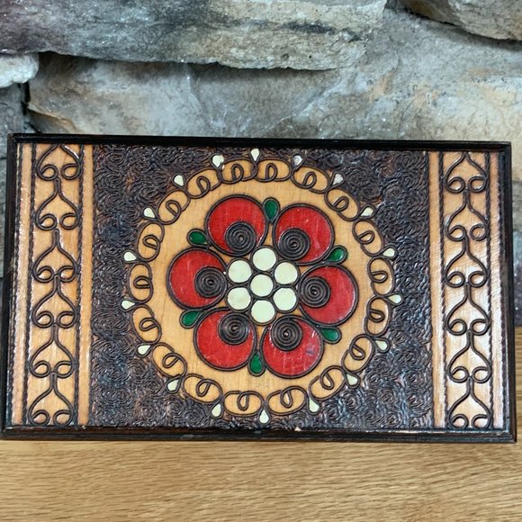 Jewelry Treasure Box Pyrography Wood Burning Red Velvet Lined Bohemian Decor - Picture 2 of 10